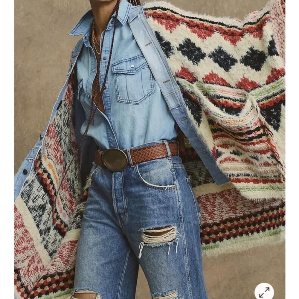 Free People Womens XS/S Running Wild Poncho Desert Combo Denim Oversized - Picture 3 of 8